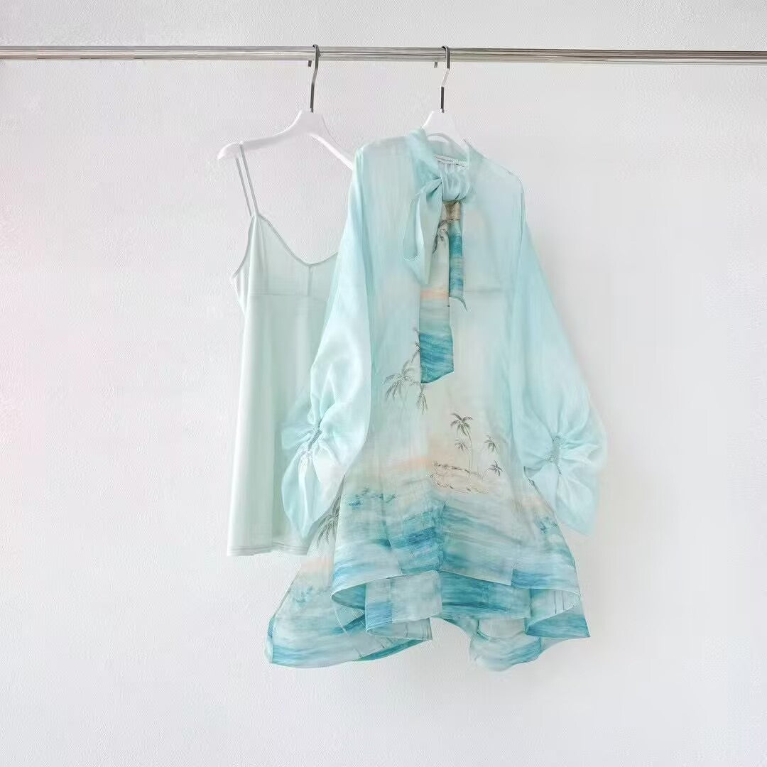 New Silk and Linen Bow Tied Lantern Sleeve Printed Irregular Dress