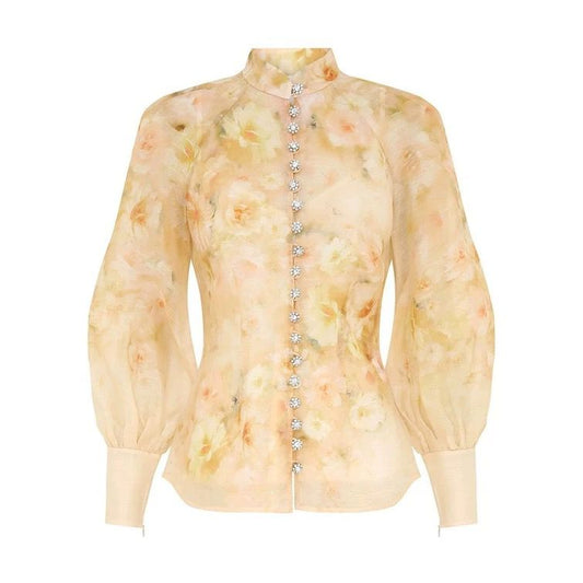 Women Silk and Linen Printed Lantern Sleeve Shirt