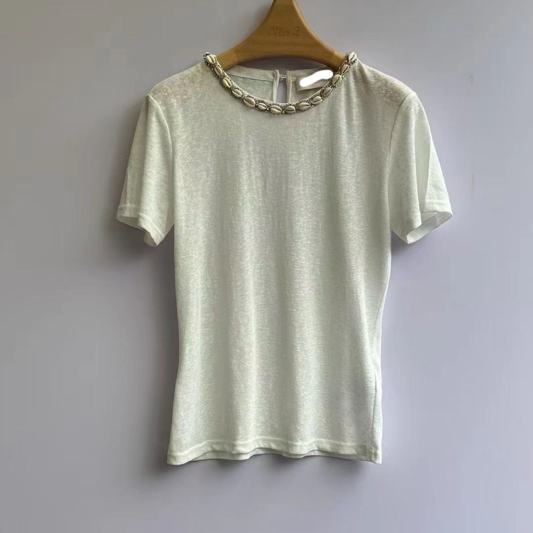 Women's White Shell Decoration Short Sleeved T-Shirt