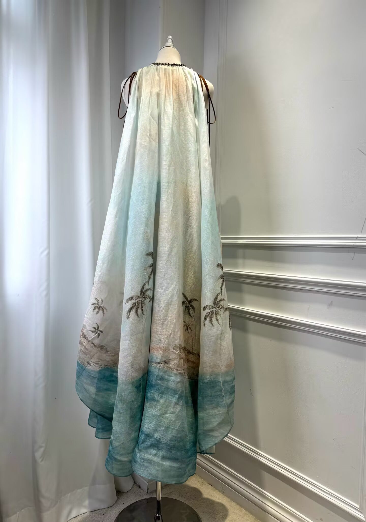 New Vacation Silk+Linen Print Elegant V-Neck Long Dress For Women