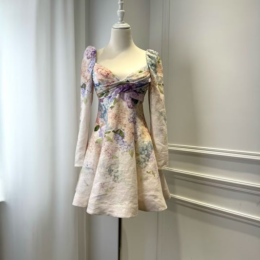 Women's Fashion Temperament Printed V-Neck High Waisted Dress