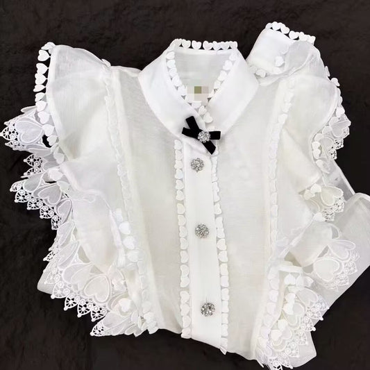 Women Cream Heart Embellished Long Sleeve Silk Linen Blouse