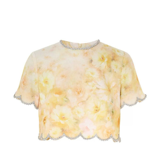 Women's Vacation New Linen Yellow Printed Short Top