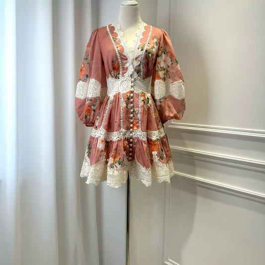 Women Lace Stitching Short Sleeve Linen Mini Dress