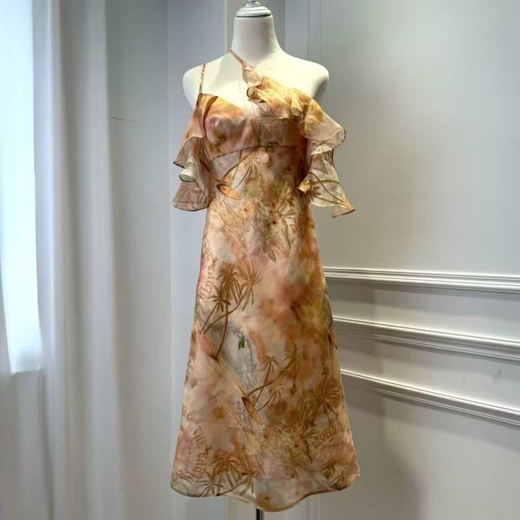 New Women's Silk and Linen Printed Single Shoulder Dress
