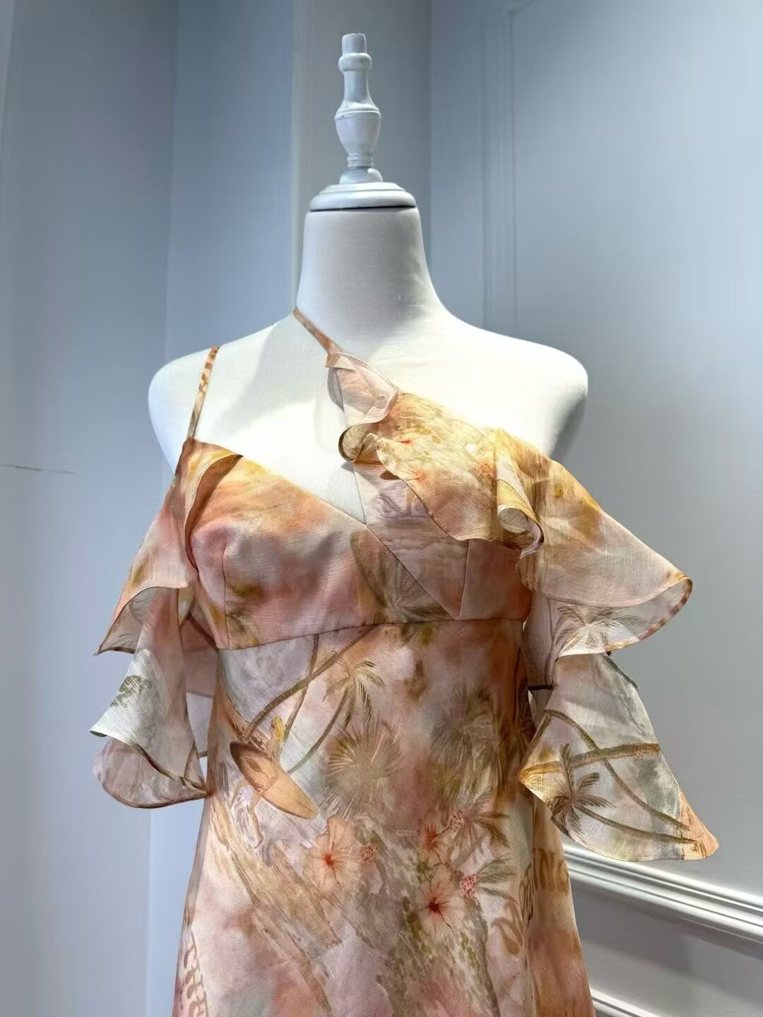 New Women's Silk and Linen Printed Single Shoulder Dress