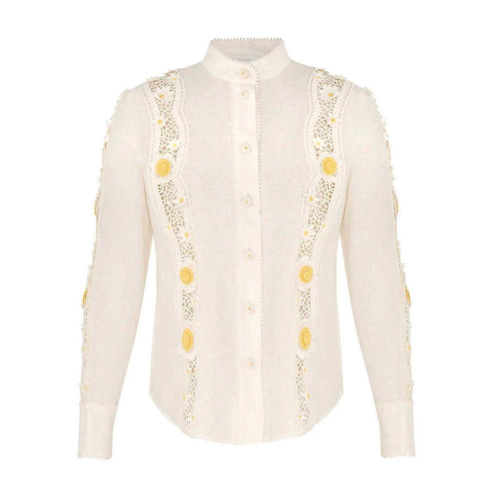 Women's White Three-Dimensional Flower Loose Casual Linen Shirt