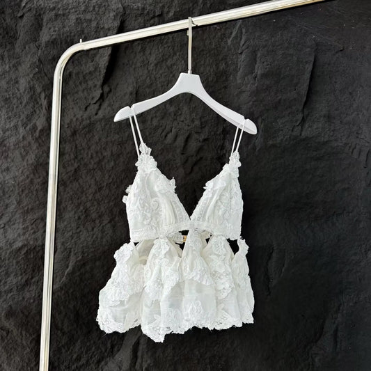 Women's Embroidered White Decal Hollowed Out Camisole Top
