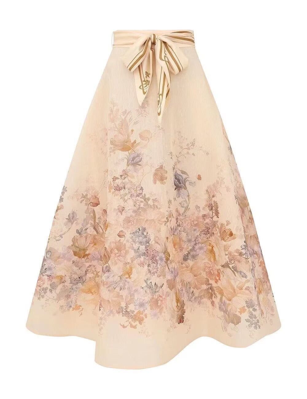 Ladies Floral Print Lace-up High Waist A-Line Loose Long Skirt