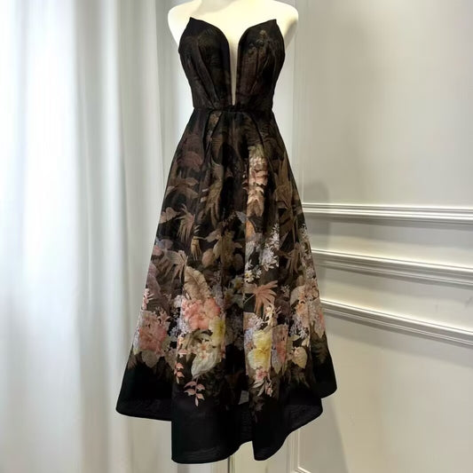 Women's V-neck Sleeveless Printed Fashionable Mid Length Dress Made of Silk And Linen