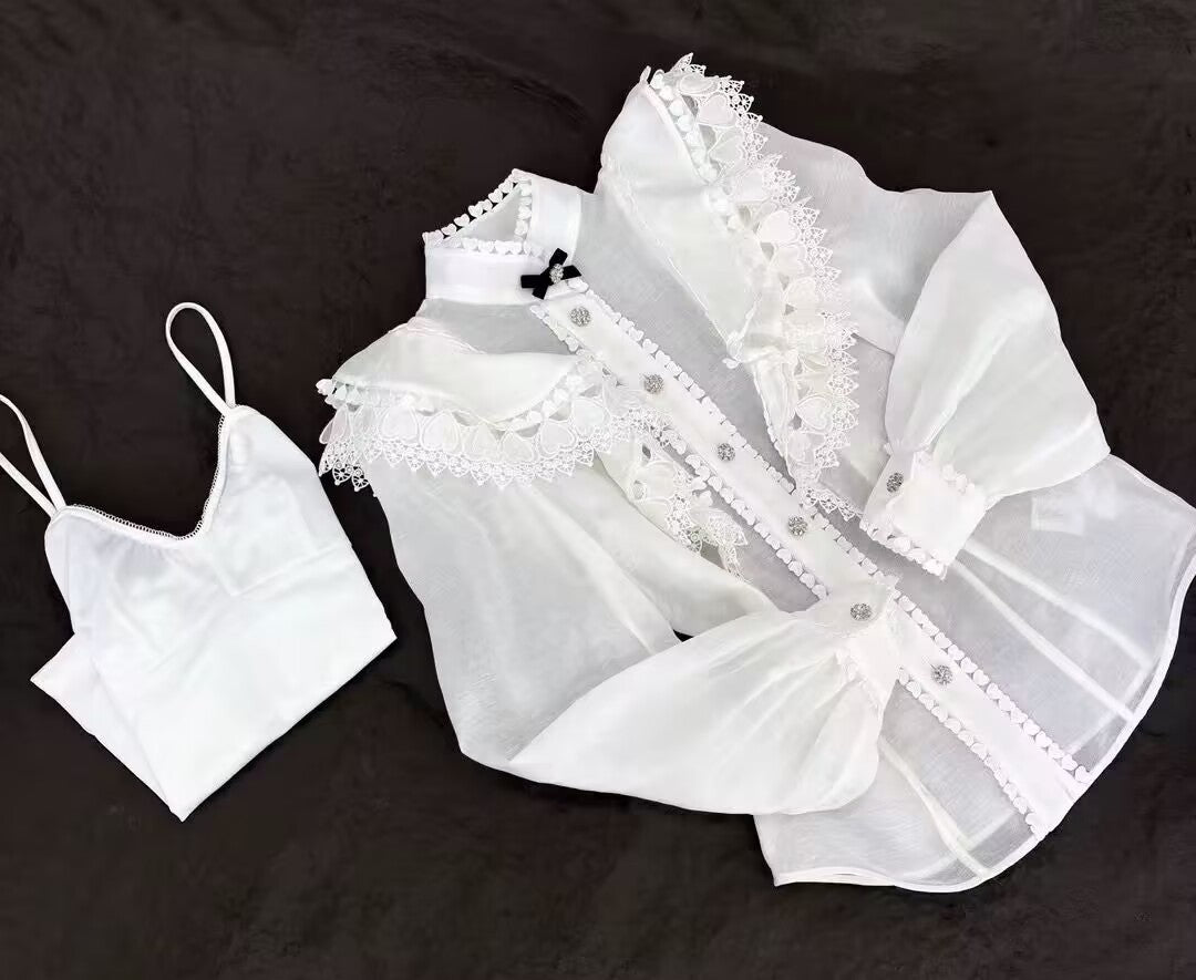 Women Cream Heart Embellished Long Sleeve Silk Linen Blouse