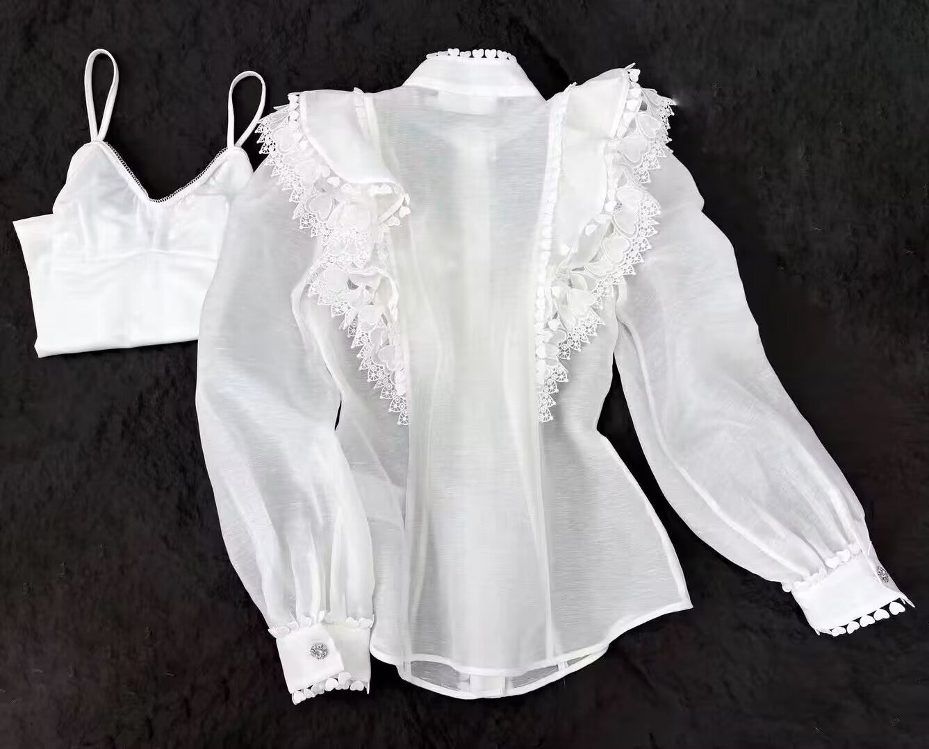 Women Cream Heart Embellished Long Sleeve Silk Linen Blouse