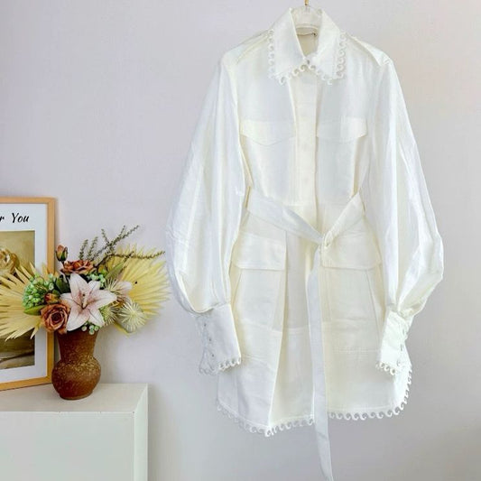 Summer Women's Wave  Lapel Lantern Sleeve Lace up Waist Cinching Dress