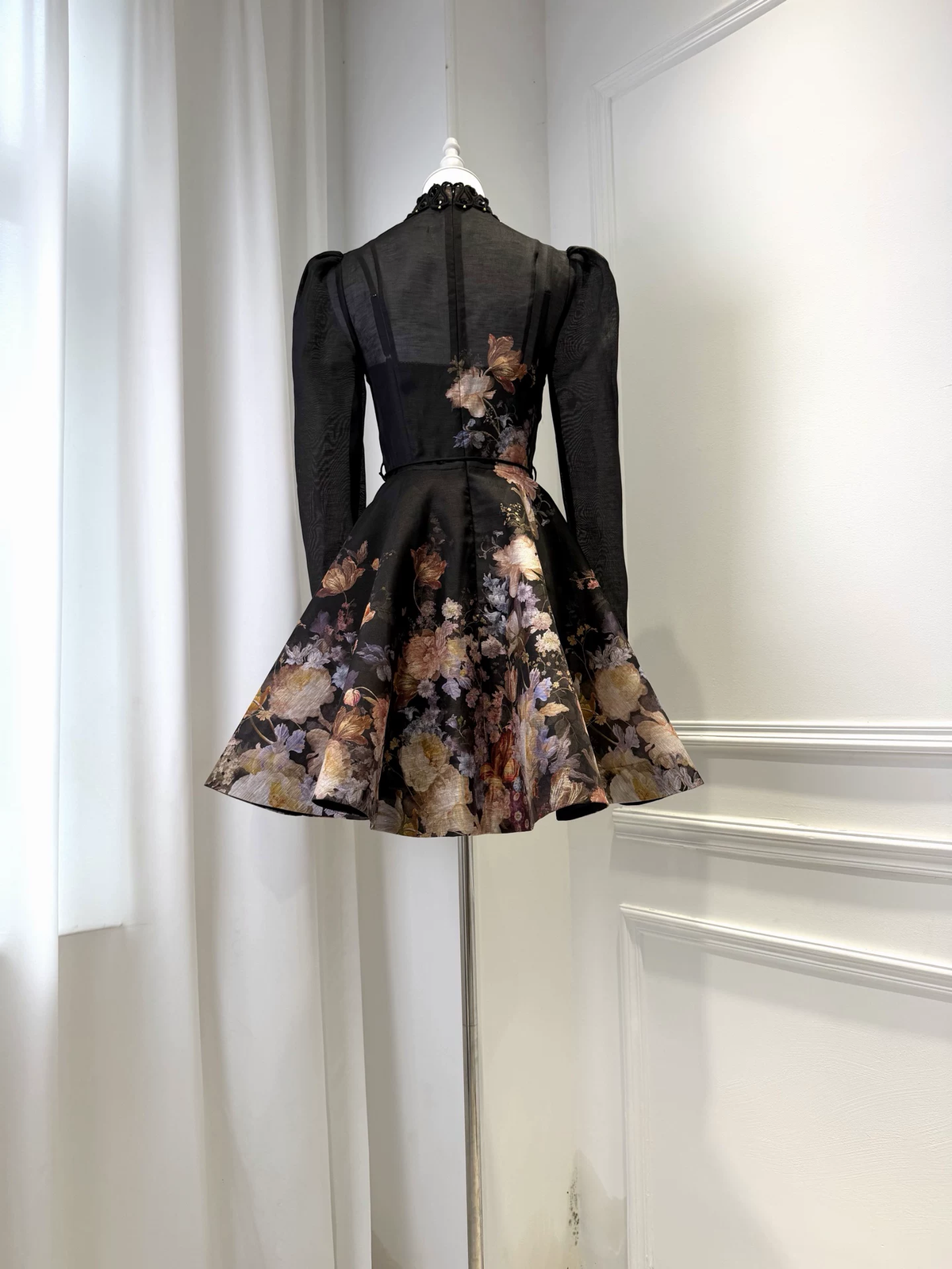 Ladies Floral Print Black Dresses Beaded Mesh Spliced High Neck Long Sleeve High Waist Fashion Mini Dress