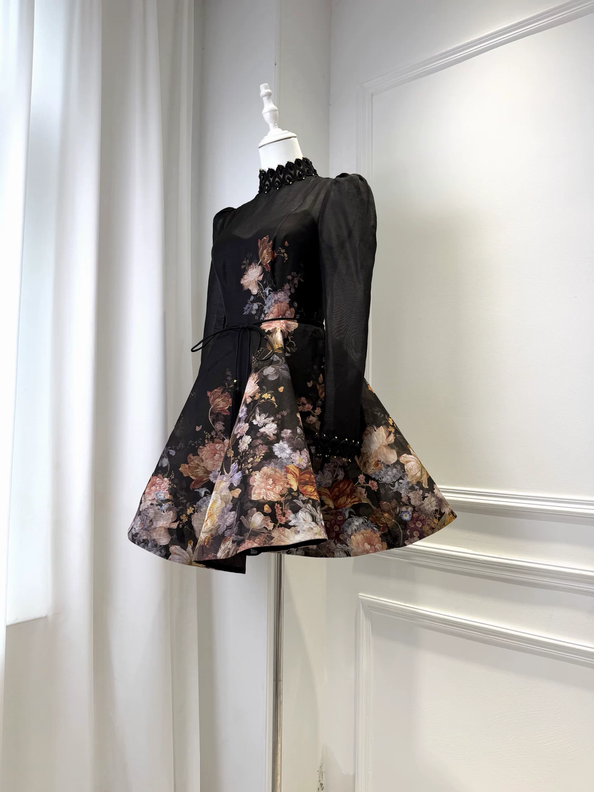 Ladies Floral Print Black Dresses Beaded Mesh Spliced High Neck Long Sleeve High Waist Fashion Mini Dress
