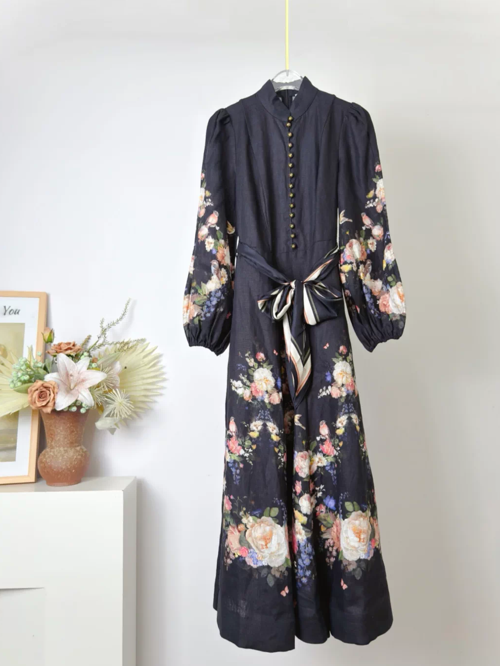 Women Floral Printed Lantern Sleeve Stand Collar Lace-up High Waist Elegant 100% Linen Maxi Dress