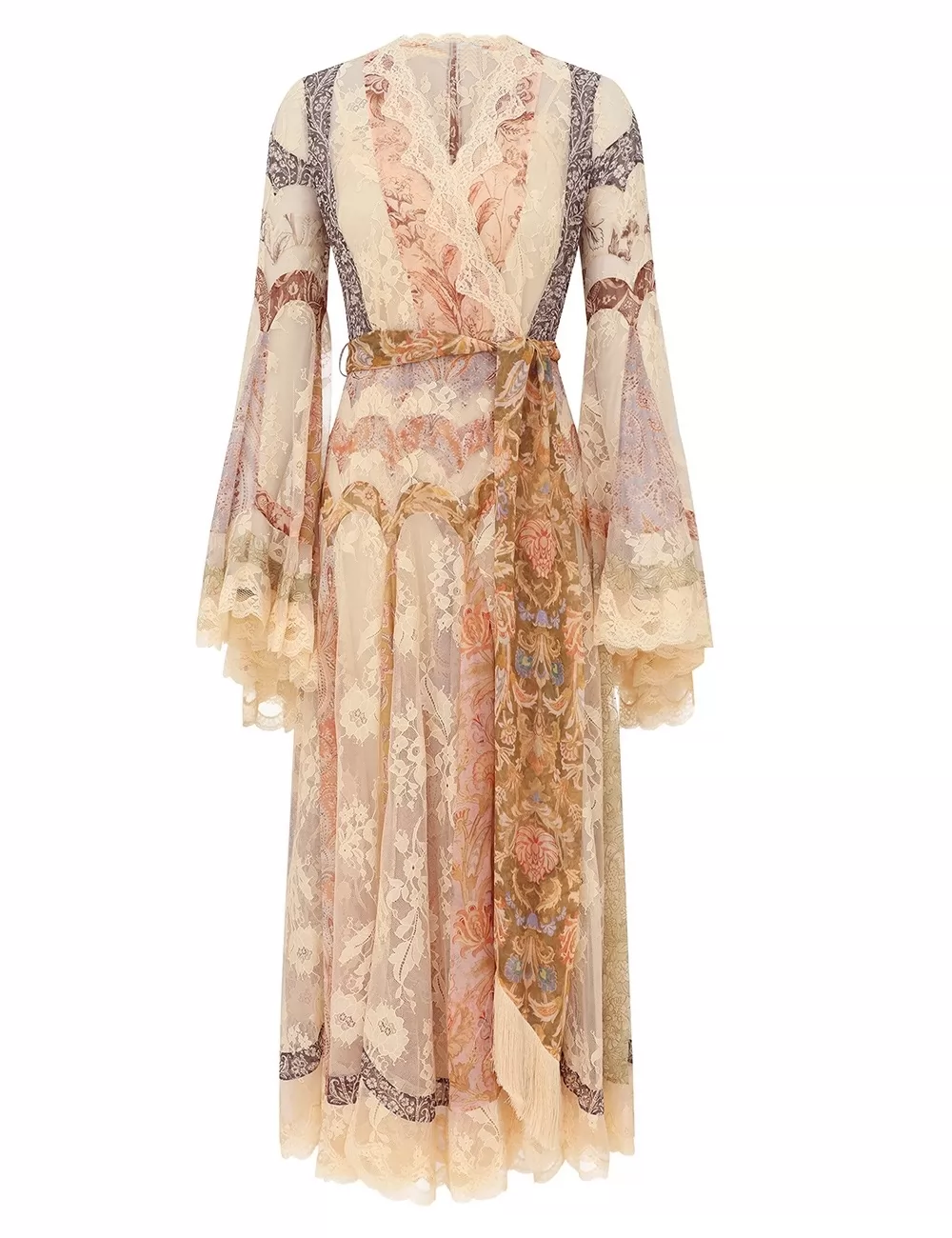 Ladies Lace Embroidery V-Neck Flare Sleeve High Waist Elegant Silk Maxi Dress