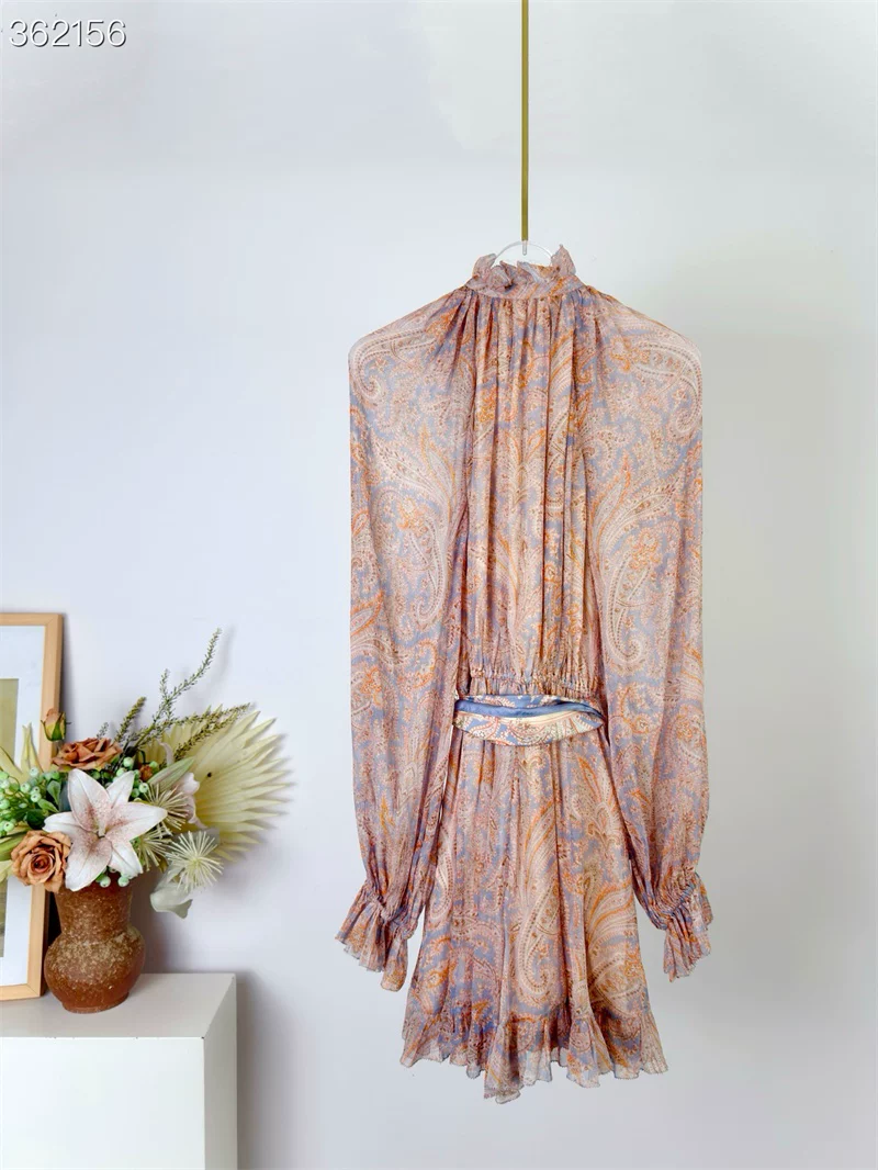 Women Retro Print Ruffled Collar Flare Sleeve Lace-up High Waist Vintage Jumpsuit