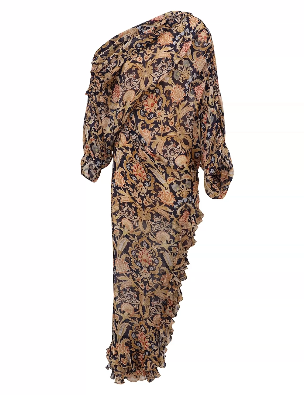 Ladies Flower Print Vintage Robe Diagonal Collar Long Sleeve High Waist Irregular Hem Elegant Female Maxi Dress