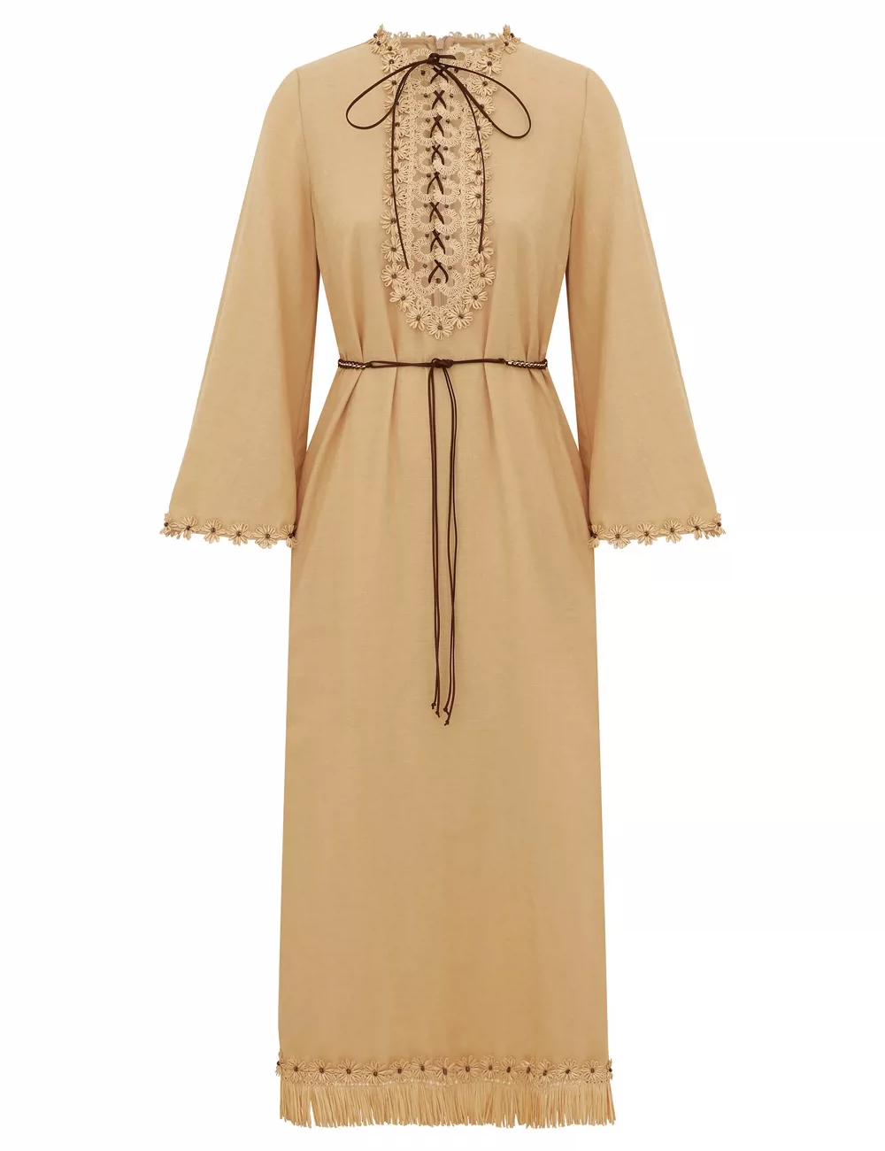 Women's Flower Tassel Decoration Robe Round Neck Long Sleeve Lace-up High Waist Holiday Style Cotton Maxi Dress
