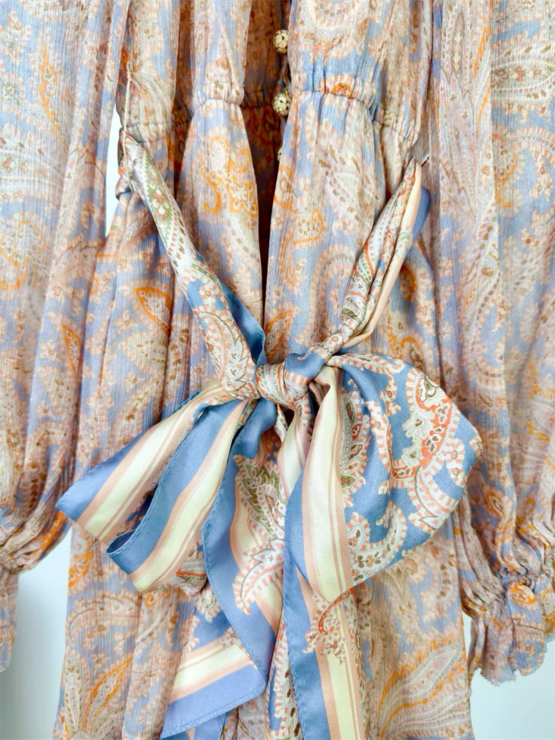 Women Retro Print Ruffled Collar Flare Sleeve Lace-up High Waist Vintage Jumpsuit